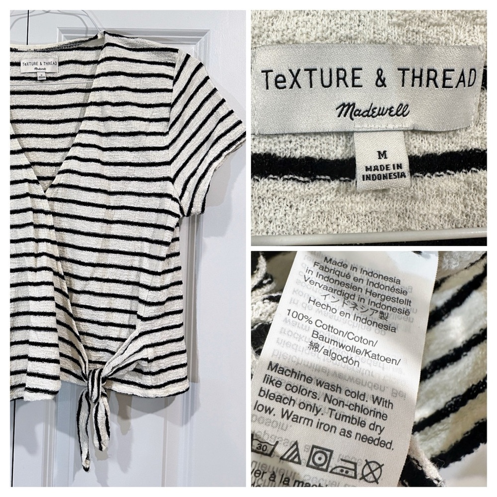 Madewell Texture & Thread Side Tie Top Womens Medium Ivory Black Striped V-Neck